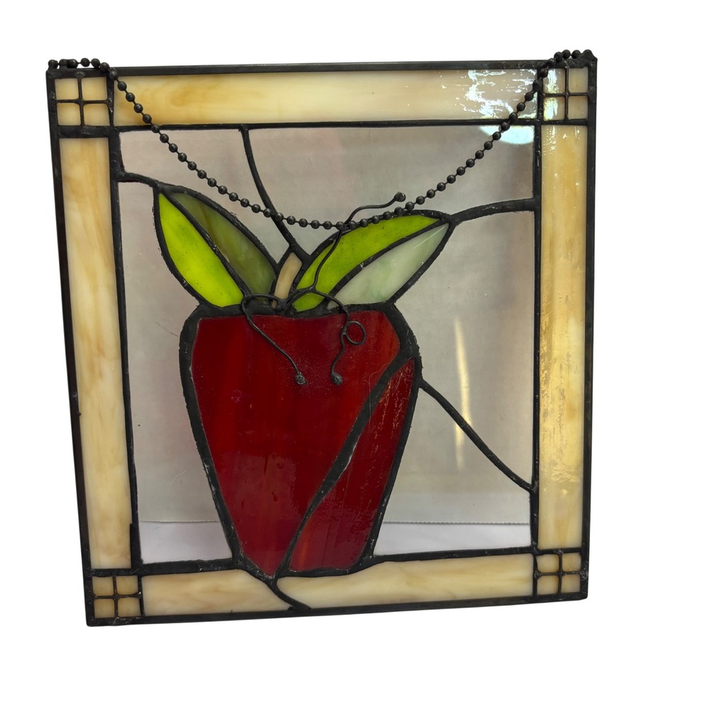 Vintage Genuine Stained Glass Apple Suncatcher Window Hanging Red Green 8"